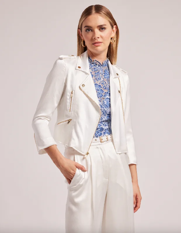 Women's Resort Garments Attire Sale Kassandra Satin Moto Jacket - White