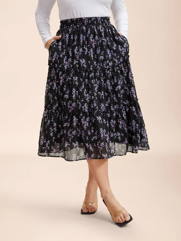 Casual Clothes For Women Vintage Charm Flirty Floral Pleated Sheer Midi Skirt