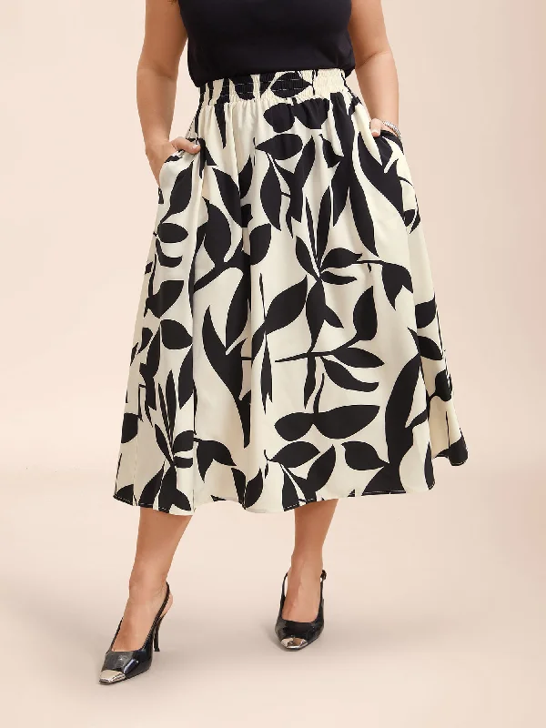 Affordable Luxury Women's Apparel Festival Fashion Leaf Print Stretchy-Waist Midi Skirt