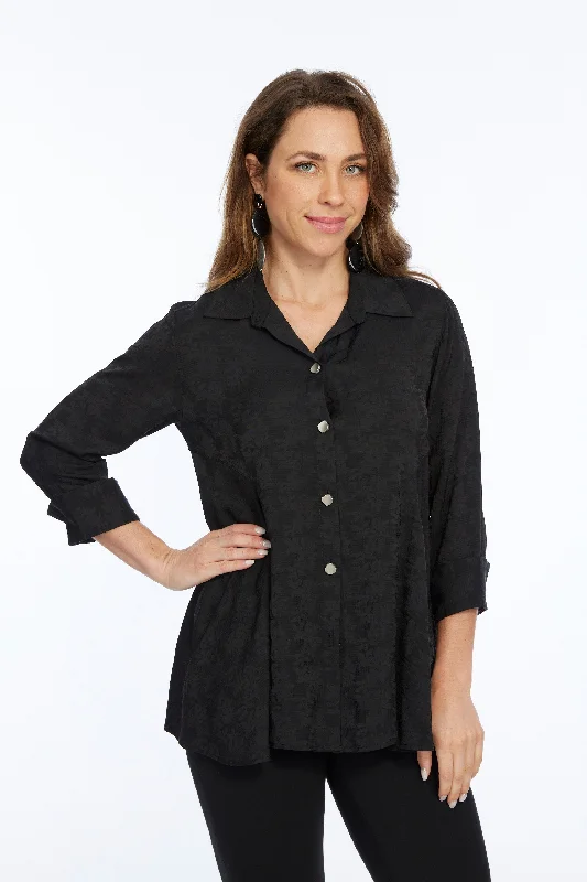 Women's Trendy Clothing Sophisticated Outfits Women's Black Silky Blouse 3/4 Roll Tab Sleeve Side Pocket-"Valor"