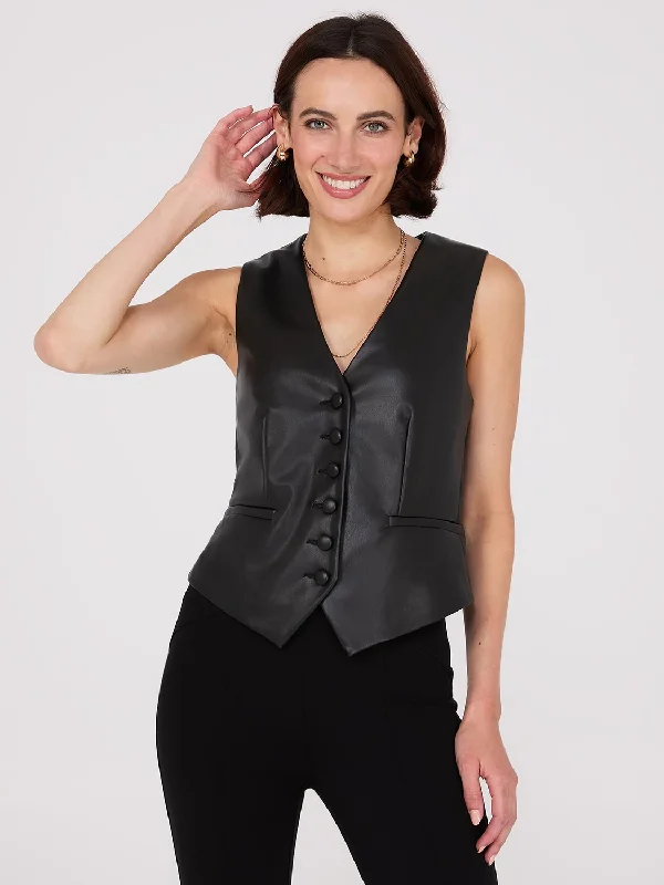 Women's Elegant Garments Fast Fashion Favorites Faux Leather Button-Front Vest