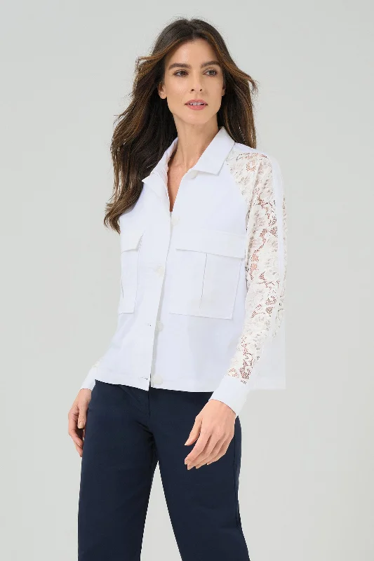 Women's Clothing With Trendy Designs Score Big On Glamorous Red - Carpet Styles Sutton Lace Sleeve Trucker Jacket