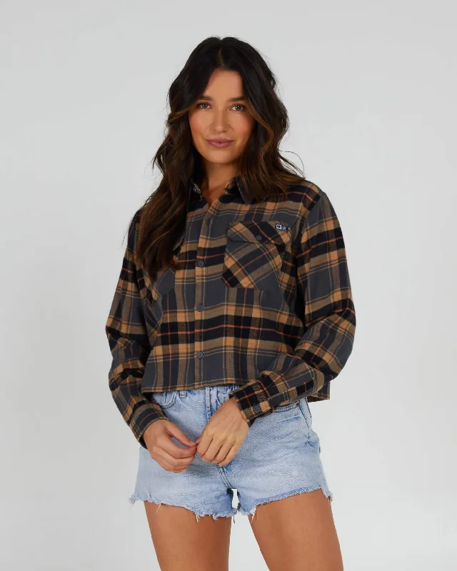 Women's Evening Apparel Chic & Cozy Collection Stay Golden Crop Flannel - Charcoal