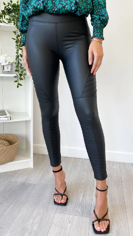 Women's Chic Outerwear Outfit Spring Fashion Lori Coated Biker Leggings in Black