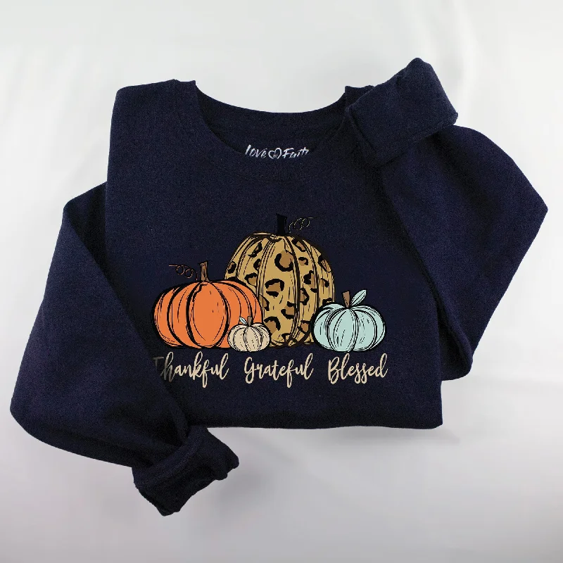 Women's High-Fashion Outfit Chic & Cozy Apparel Thankful Grateful Blessed Pumpkin Sweatshirt