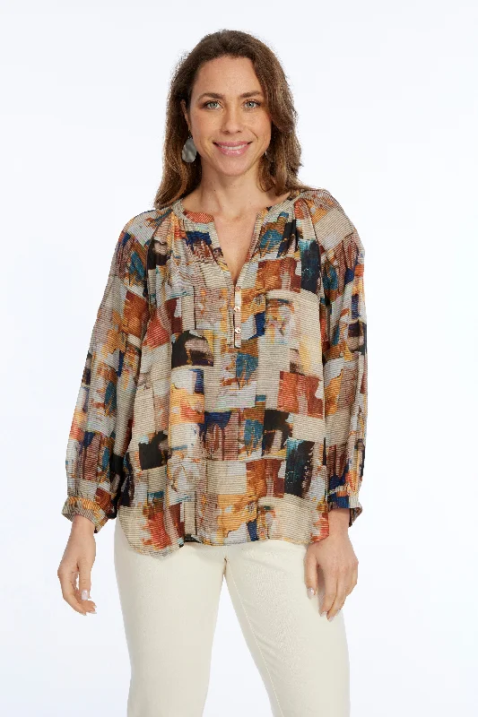 Women's Seasonal Wardrobe Clothing Fashion Essentials Women's Brown Abstract Print Long Balloon Sleeve Pull Over-"Indie"