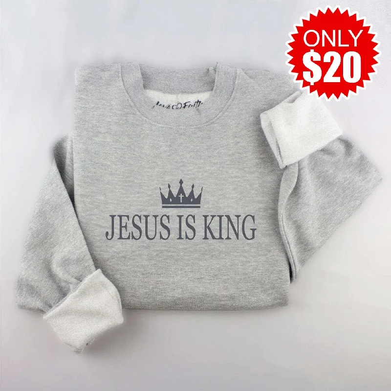 Fashionable Women's Clothes Trend Setting Threads Embroidered Jesus Is King Sweatshirt - Heather Grey - 20