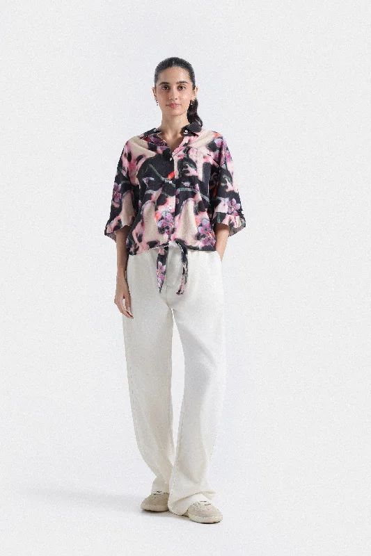 Women's Office Clothing Relaxed Style Printed Shirt With Knot