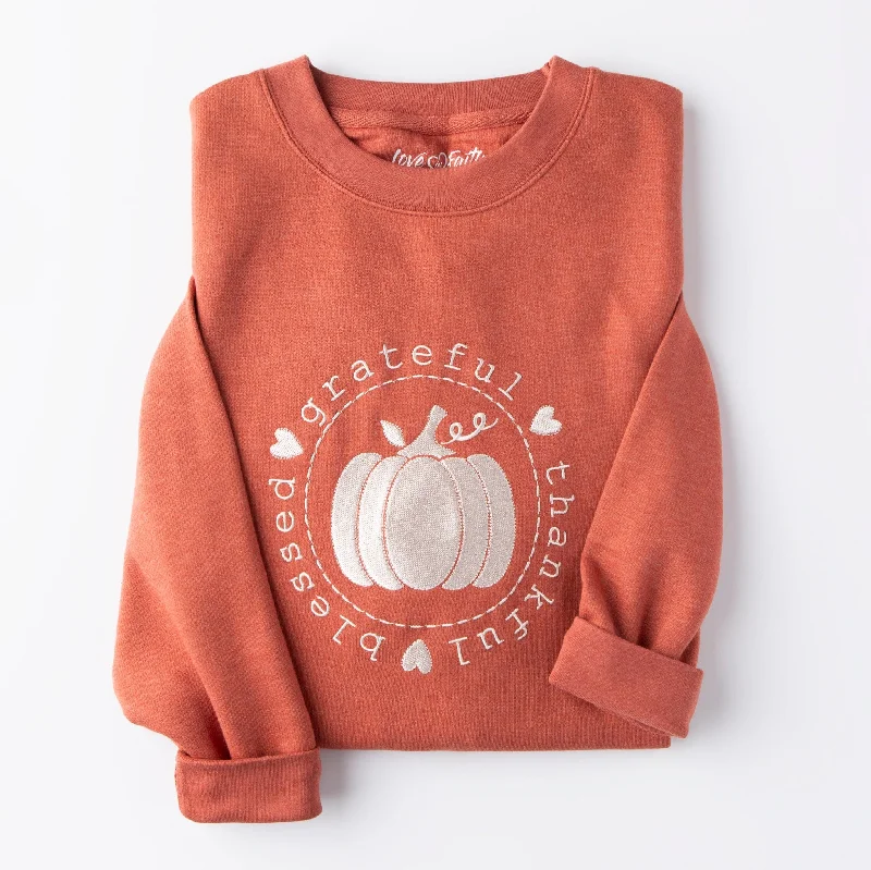 Women's Seasonal Wardrobe Clothing Holiday Glam Embroidered Thankful Grateful Blessed Pumpkin  Sweatshirt