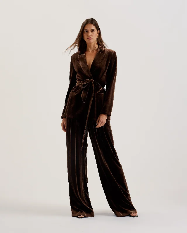 Women's Vintage-Inspired Outfit High-End Women’S Wear Momijit Wide Leg Pleated Silk Velvet Trouser Brown