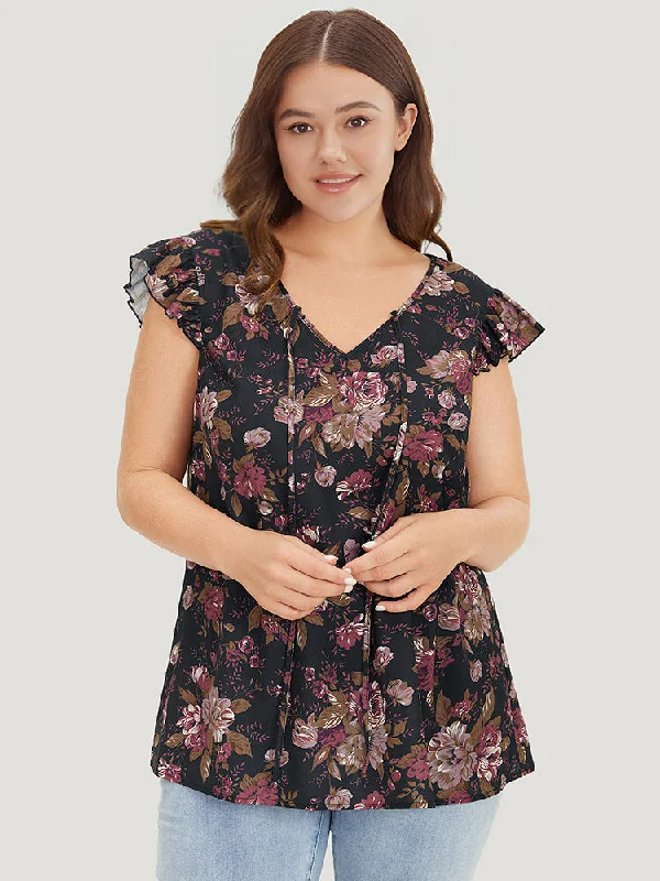 Women's Work Outfit Essentials On Sale Floral Print Tie Neck Flutter Trim Tank Top