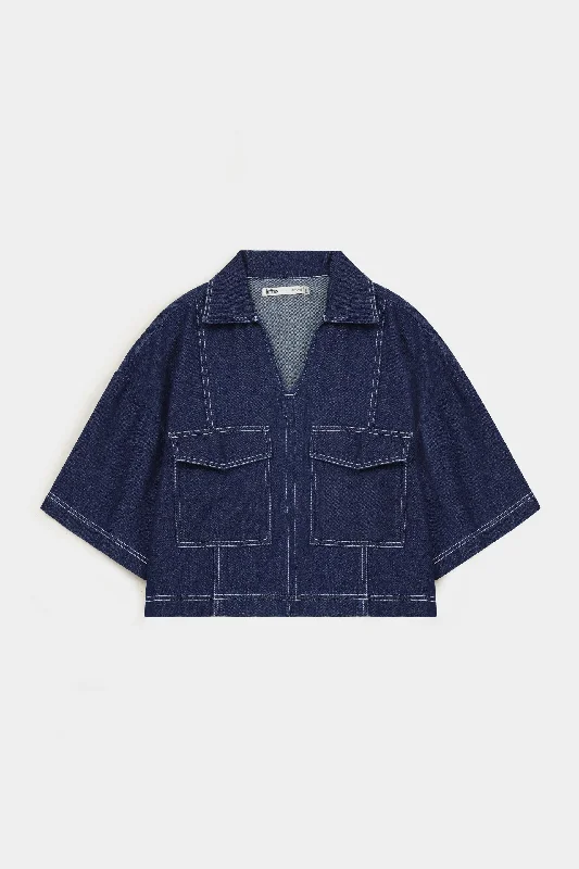 Casual Clothes For Women Fashion-Forward Cropped  Denim Shirt With Contrast Stitches