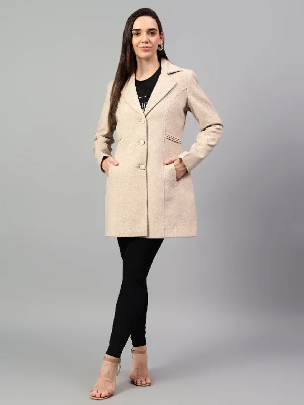 Women's Evening Apparel Must Haves Women's Beige Solid Full Sleeves Winter Long Coat