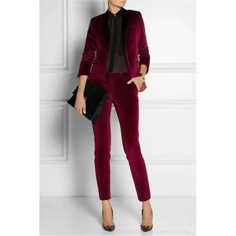 Women's Weekend Outfit Evening Looks Burgundy Velvet Business Ladies Pantsuit