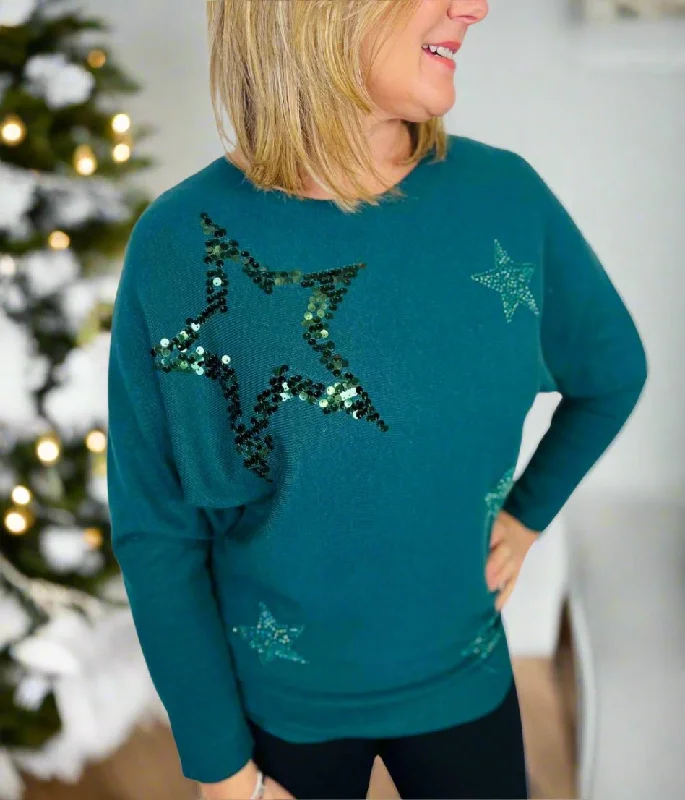 Women's Outdoor Attire Relaxed Style Green Embellished Christmas Star Jumper