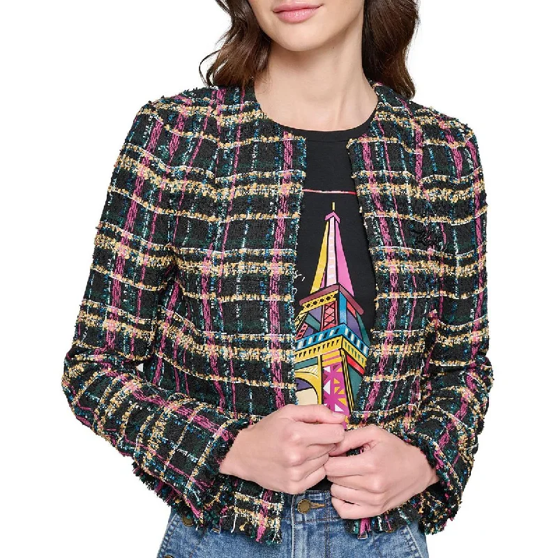 Fashionable Women's Outfit Urban Femme Streetwear Womens Plaid Tweed Collarless Blazer