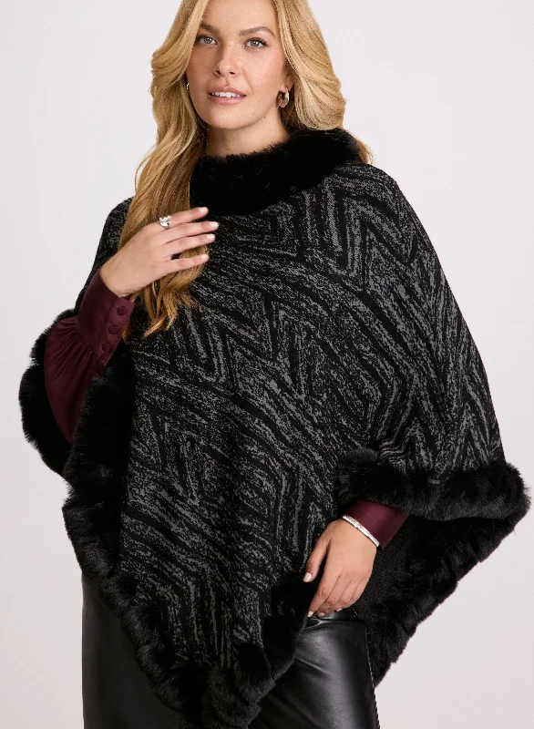 Women's Elegant Garments High End Designer Brands Discount Faux Fur Trim Popover Poncho