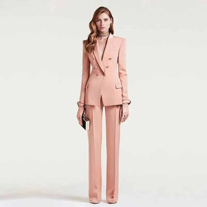 Women's Elegant Evening Outfit Vibrant Femme Fashion Pink Double Breast Women Pantsuit