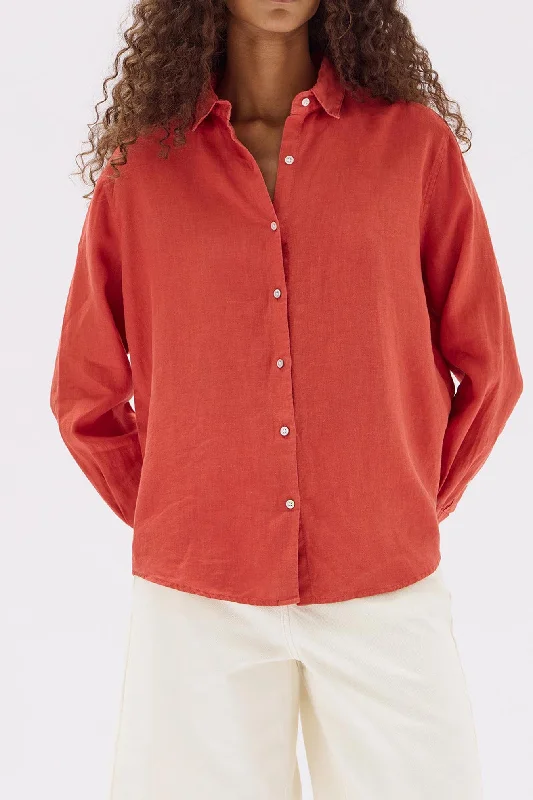 Women's Vintage Attire Everyday Basics Assembly Label - Xander Linen Shirt, Papaya