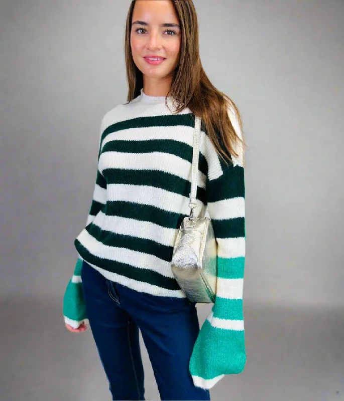 Women's Effortless Casual Outfit Vibrant Styles Green Contrast Stripe Knitted Jumper