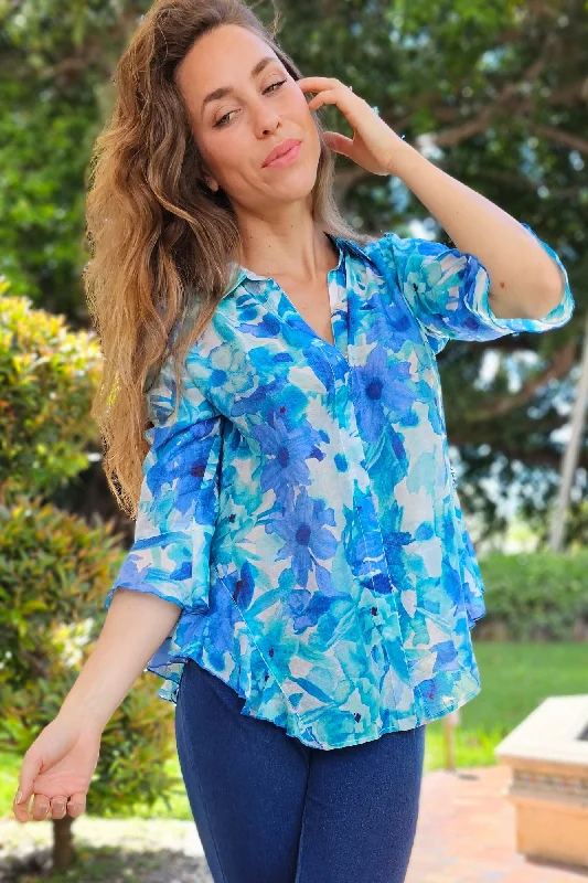 Women's Party Clothes Unbeatable Prices LIOR Women's Blue Floral Blouse Flowy Sleeves With Side Flounce - "Happy"