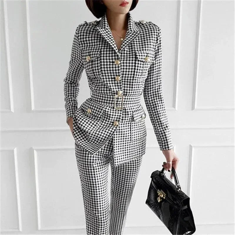 Trendy Athleisure Clothing For Women Pastel Styles Slim Fit Plaid Women Pantsuit