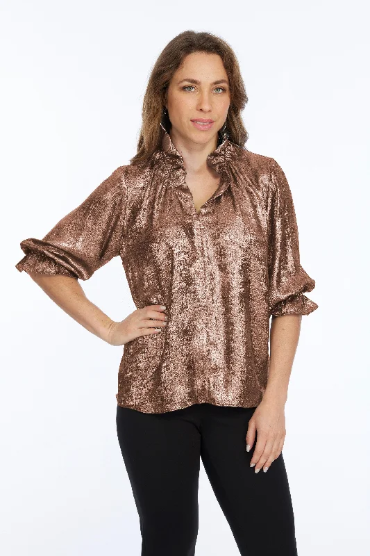 Women's Clothing For Holiday Travel Chic And Comfortable Women's Ruffe Neck Metallic Blouse-"Blossom"