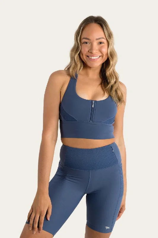 Women's Clothing Sets Casual Weekend Relaxed Style Riley Womens Long Length Zip Front Sports Bra - Blue Indigo