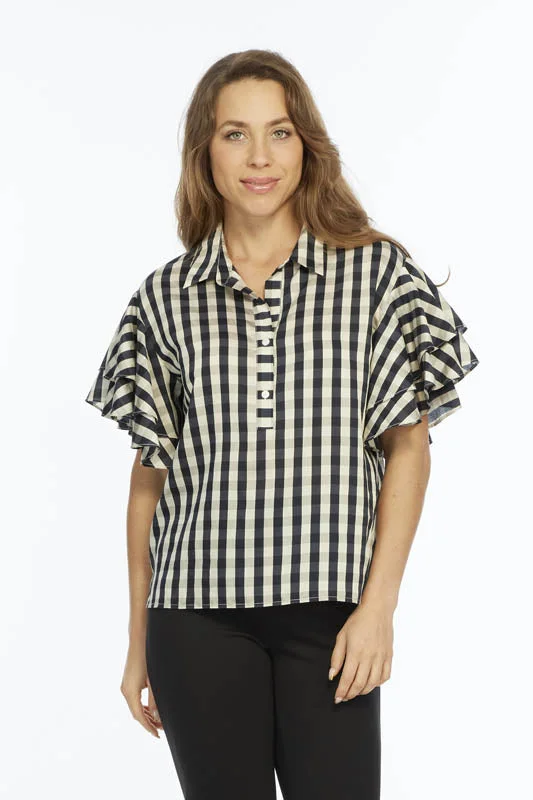 Stylish Outerwear Clothing For Women Free-Spirited Fashion Ruffle Short Sleeve  Top Plaid Black Print | Harmony LIOR