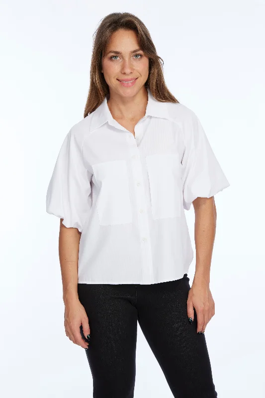 Women's Clothes For The Office Evening Elegance LIOR Women's Short Balloon Sleeve Button Up Top-"Honor"